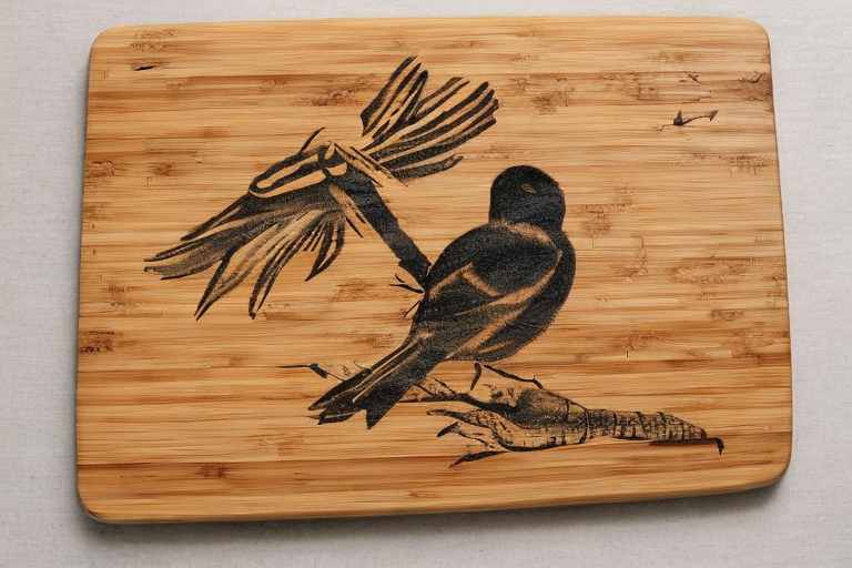 Bird pyrography on bamboo cutting board