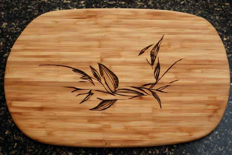 Leaves pattern pyrography on bamboo made cutting board