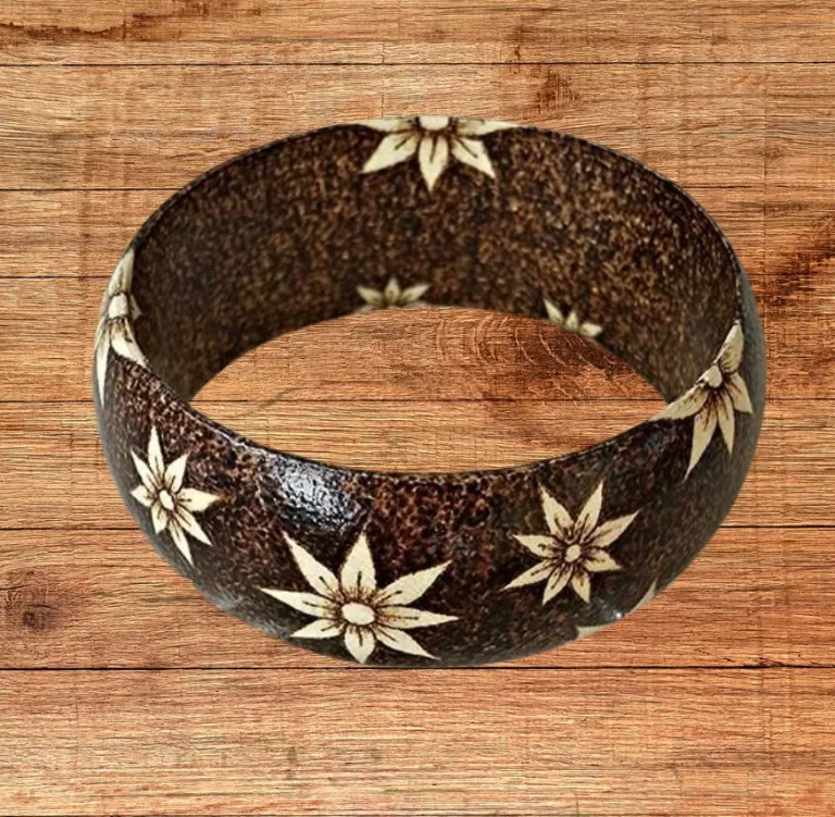 Spring Starflower Pyrography on a bangle made from coconut shell