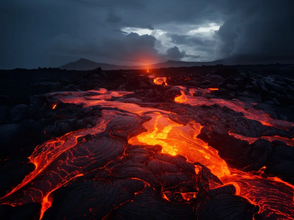 Lava cooling down after burying the trees and other organic objects