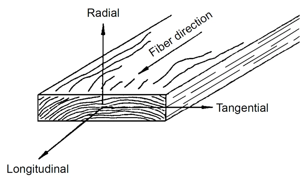 Three principal axes of wood with
respect to grain direction and growth rings