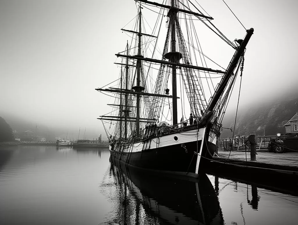 A sailing ship made of white oak in 1920s at Port of Seattle, Washington