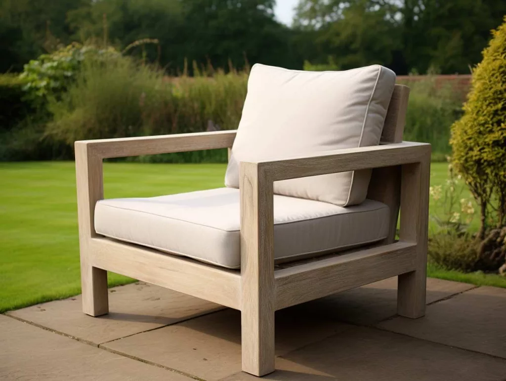 An outdoor sofa made with unfinished oak