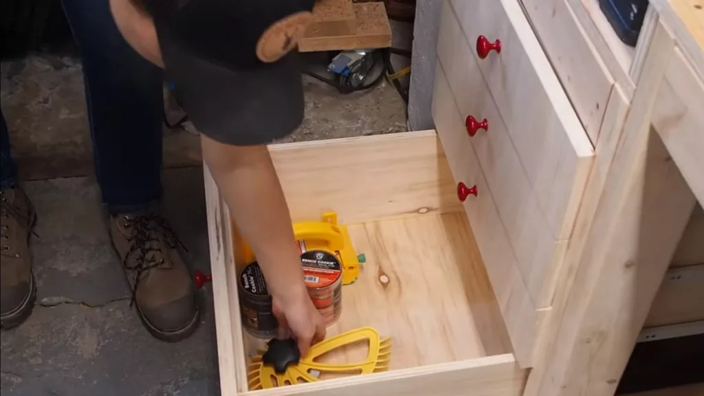 The same woodwork bench after adding drawers