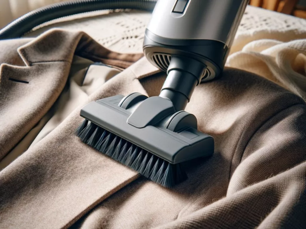 Vacuum cleaner in action on fleece coat
