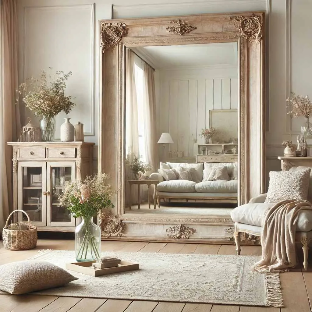 Antique Whitewashed Wood Mirror