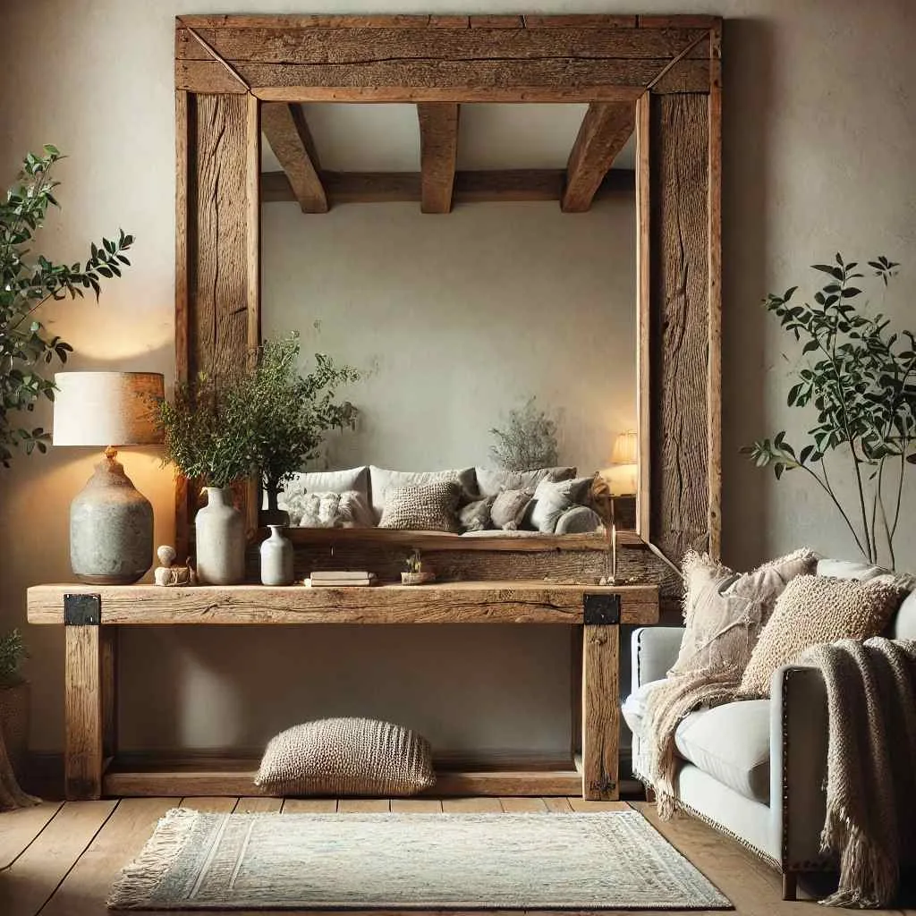 Rustic Barnwood Mirror in Cozy Living Room