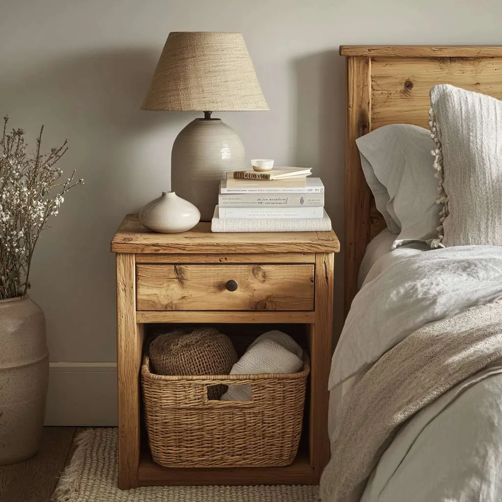 Rustic Pine Table with Woven Baskets