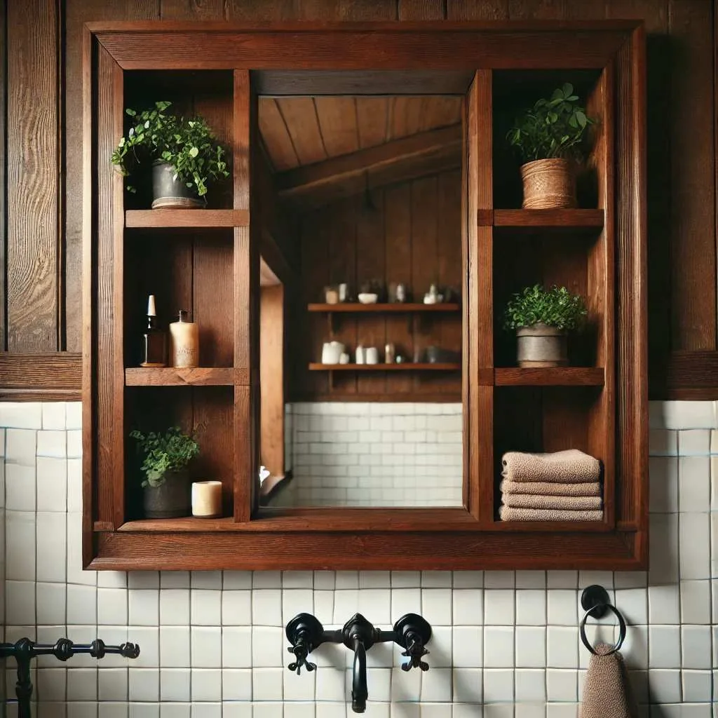Rustic Walnut Mirror with Shelves