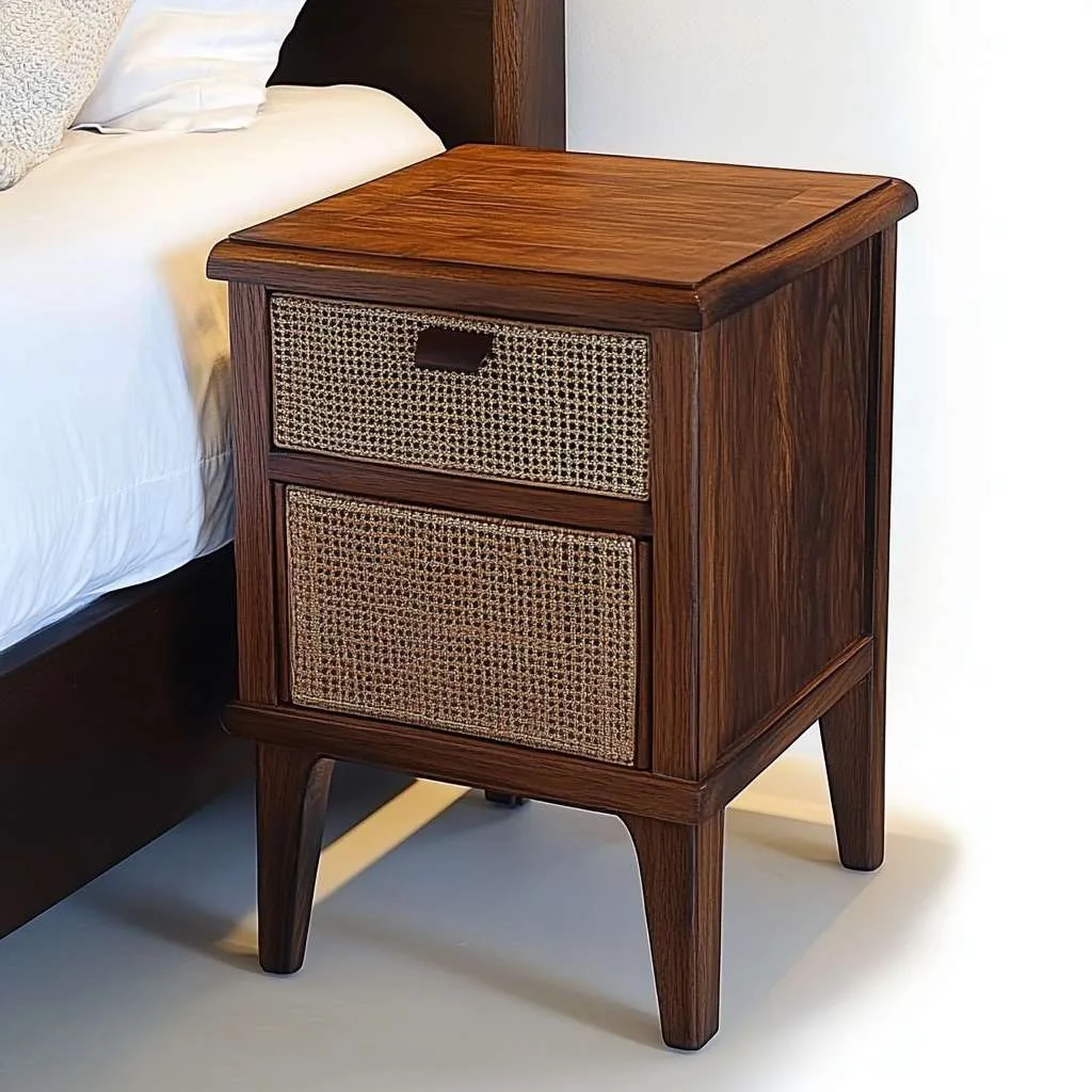 Wood and Wicker Combination Bedside Stand