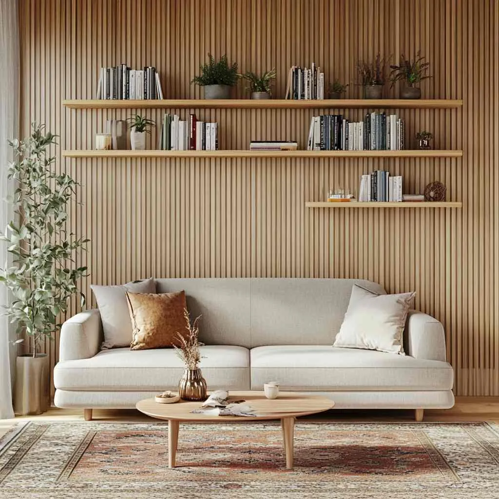 Floating Shelves Integrated into Slat Walls