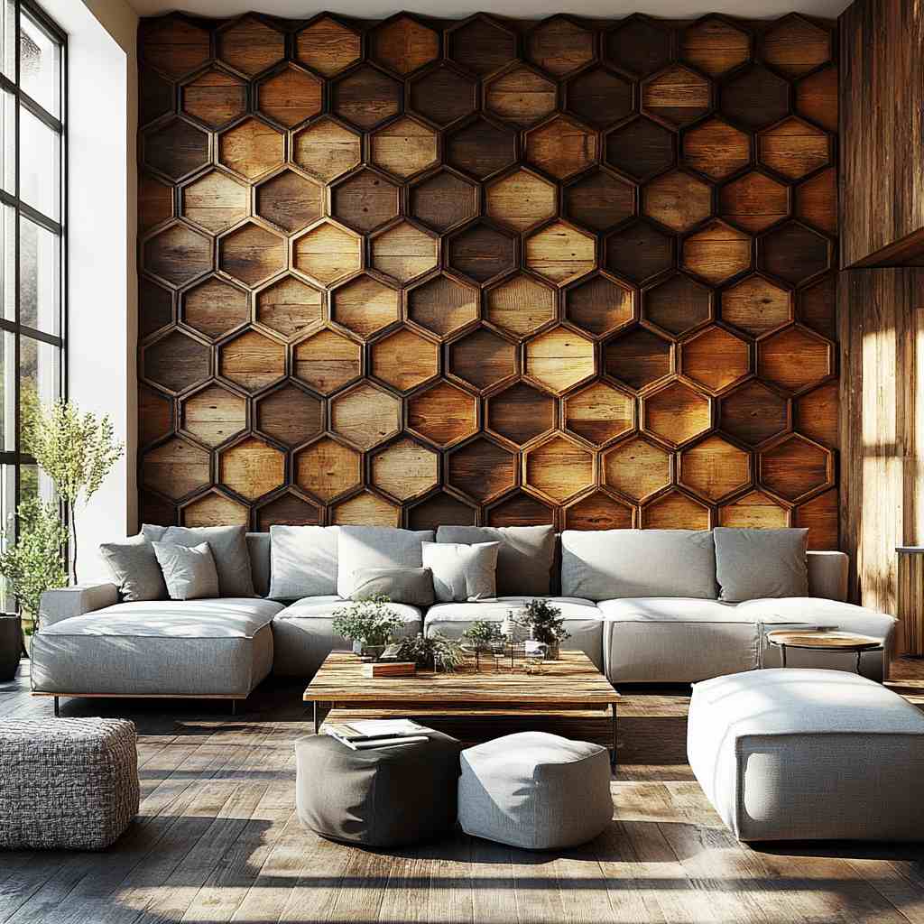Geometric Panel Designs on Slat Accent Wall