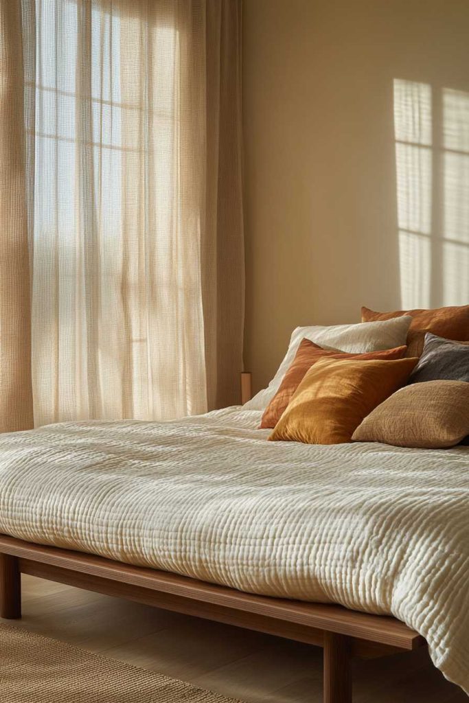 Low Wooden Bed Frame with a Japandi Influence