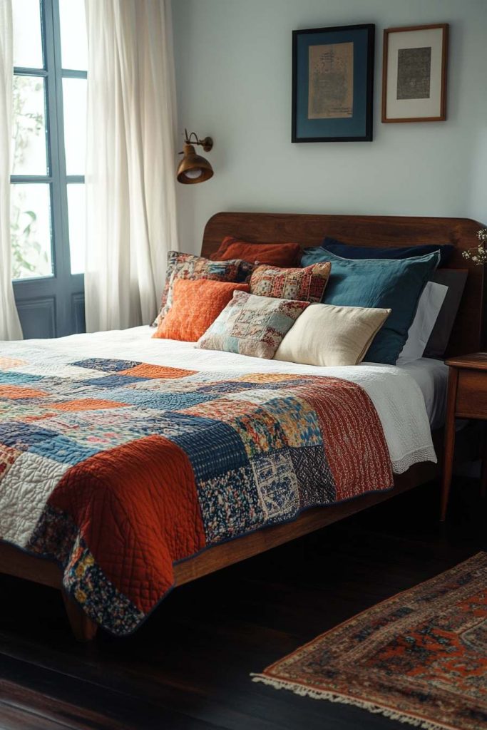 Mid-Century Wooden Platform Bed on a Dark Wood Floor