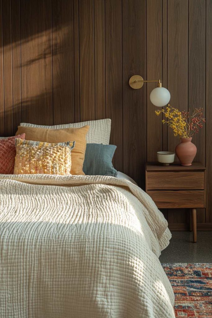 Sleek Walnut Accent Wall with Soft White Bedding