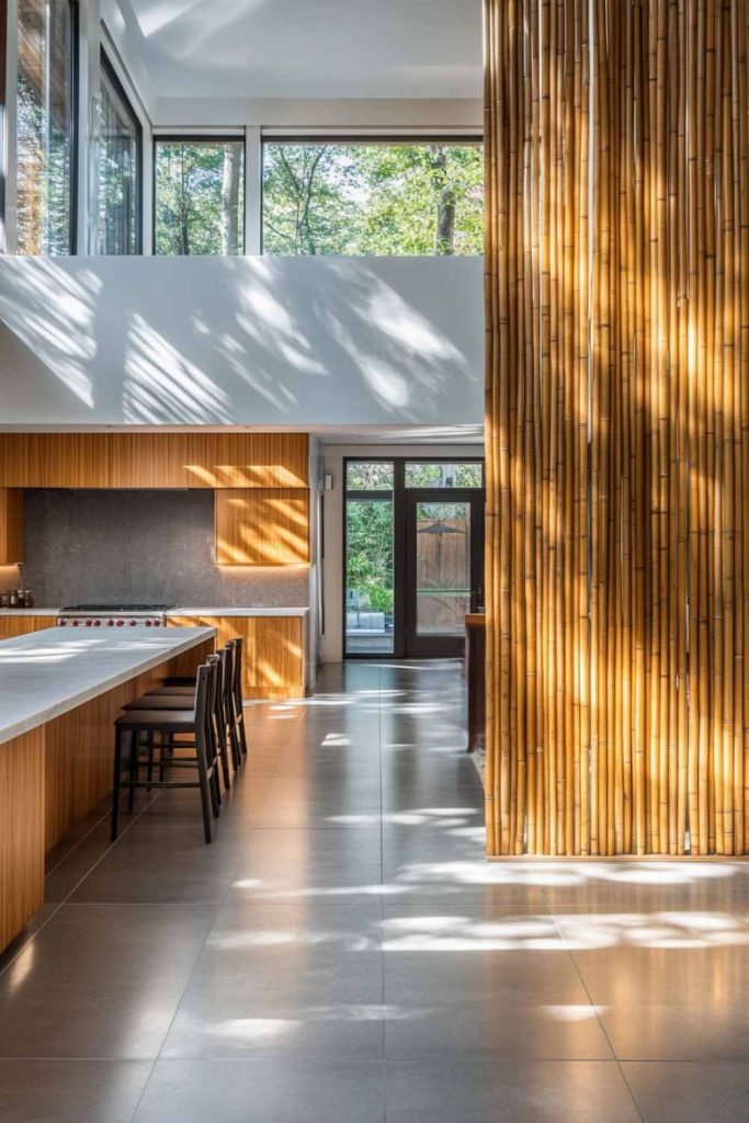 Bamboo and Glass Partition in Open-Plan Living Space