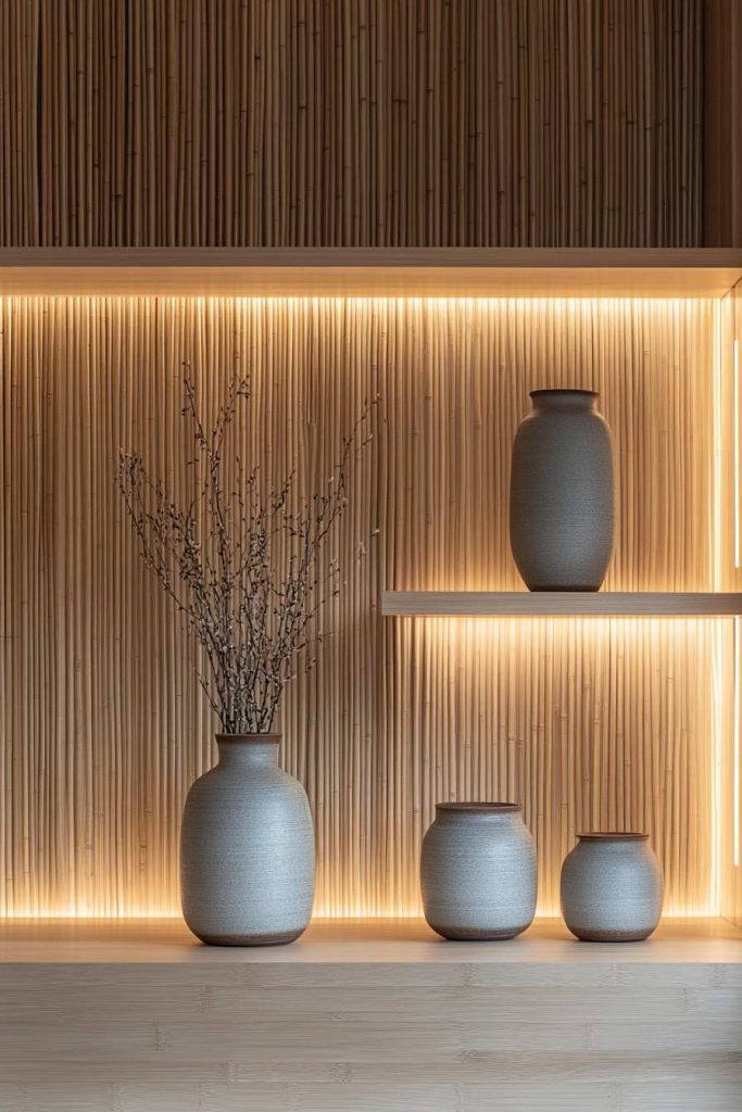 Custom Bamboo Wall with Recessed Shelf and LED Strip
