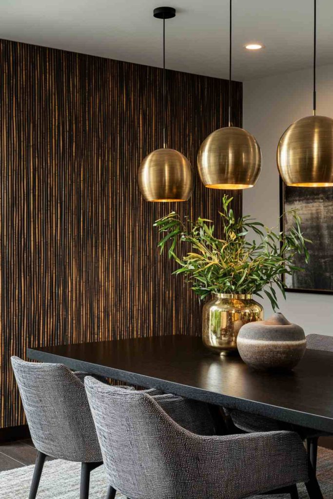 Dark-Stained Bamboo Accent Wall in Dining Area
