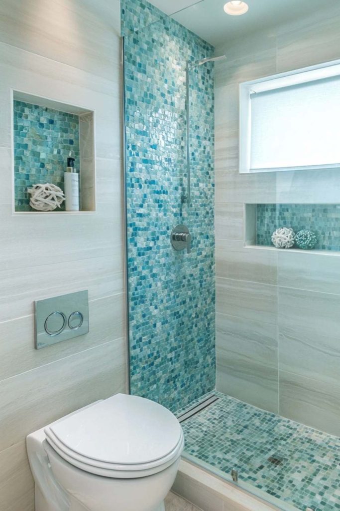 Frameless Glass Shower with Ocean Tiles