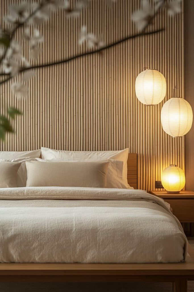 Japandi Bedroom with Bamboo Headboard Wall