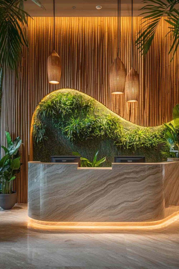 Modern Hotel Lobby with Curved Bamboo Wall Feature