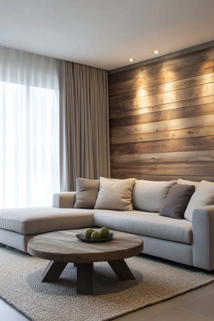 Natural Wood Accent Wall in Living Room