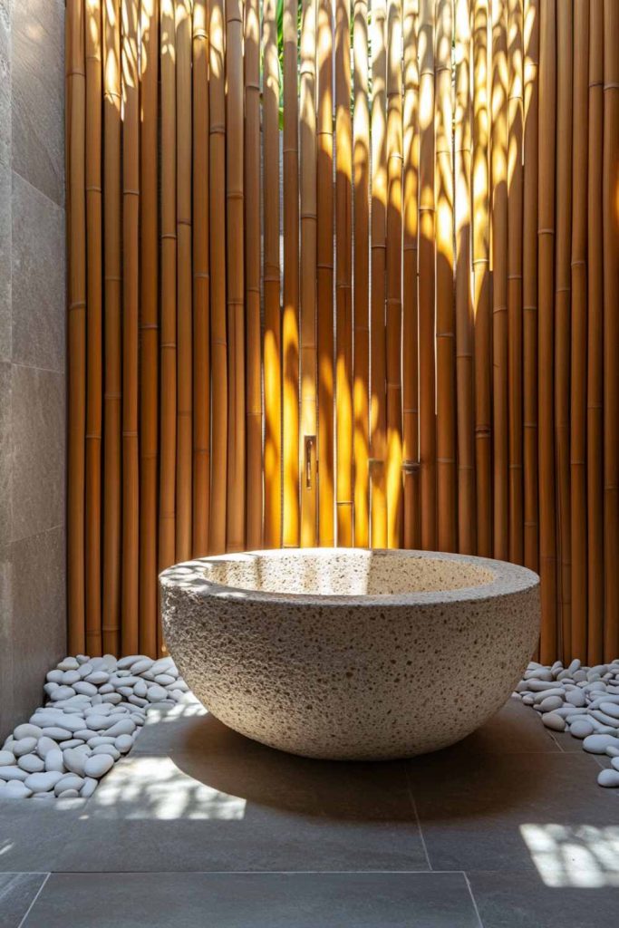 Spa Bathroom with Bamboo Wall and Stone Sink