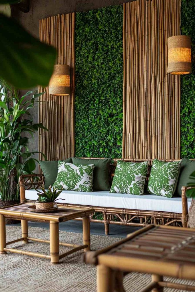 Urban Jungle Room with Vertical Bamboo Wall and Plants