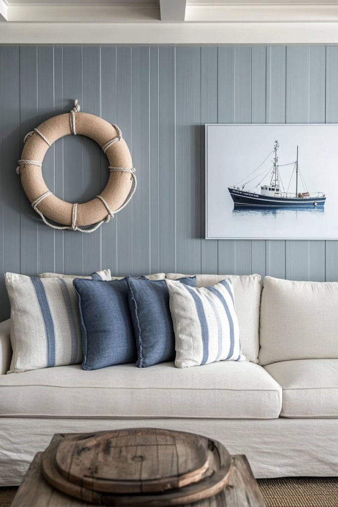 A beautifully balanced coastal room with linen sofa