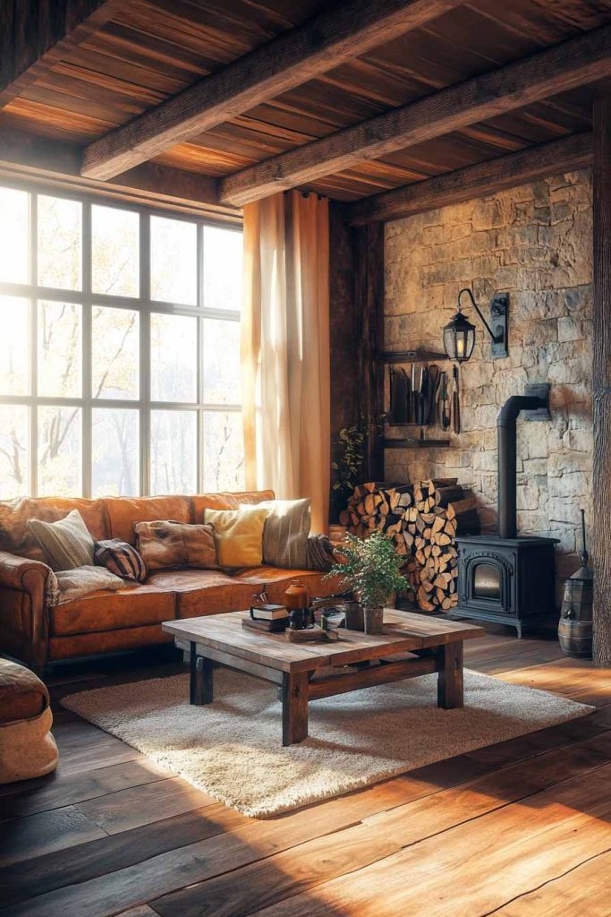 A cozy, sunlit rustic living room