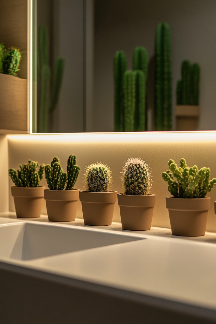Bathroom Mirror Framed with Cacti and LED Lighting