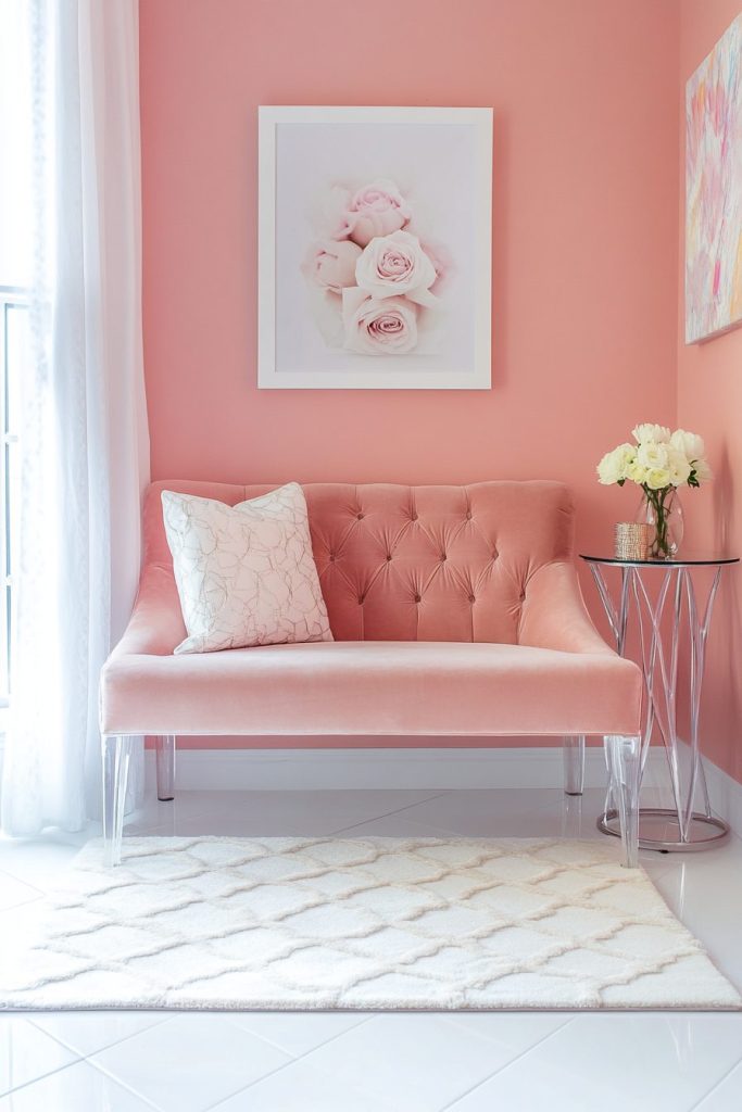 Blush Velvet Loveseat in a Small Studio Apartment