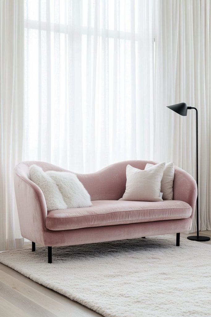 Blush Velvet Sofa in a Scandinavian Minimalist Living Room