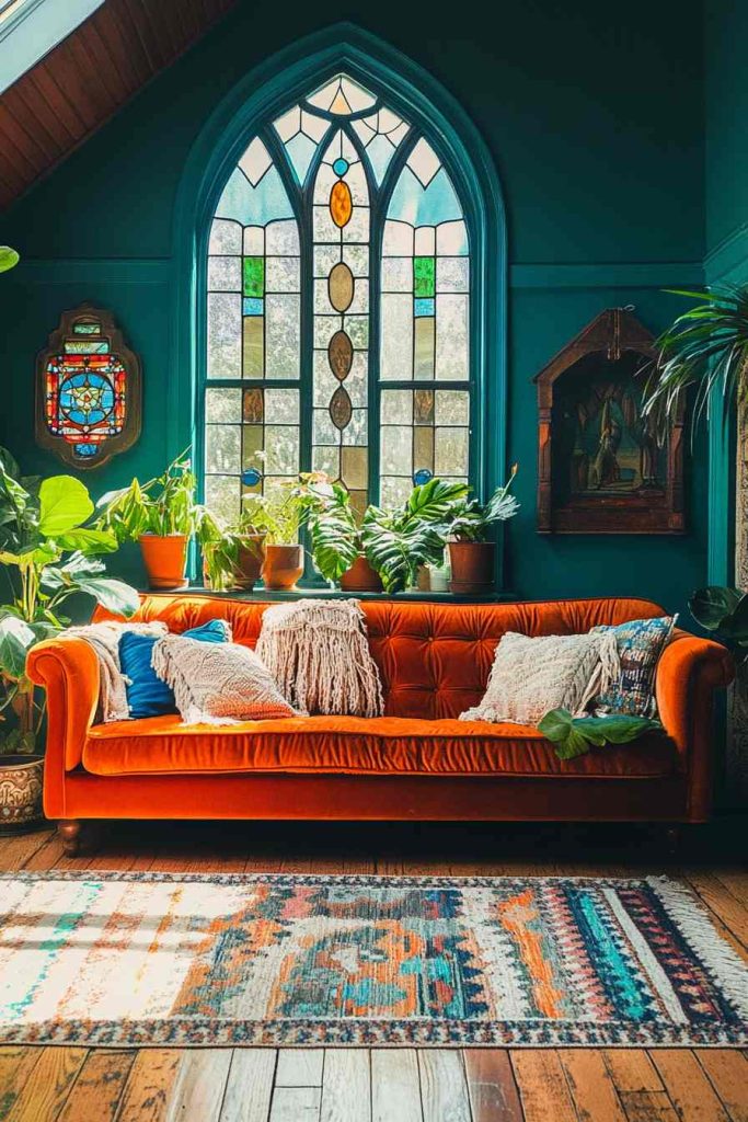 Burnt Orange Velvet Sofa in a Boho Eclectic Room