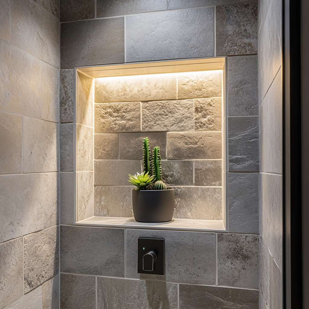 Cactus in a Shower-Side Alcove with Soft Light
