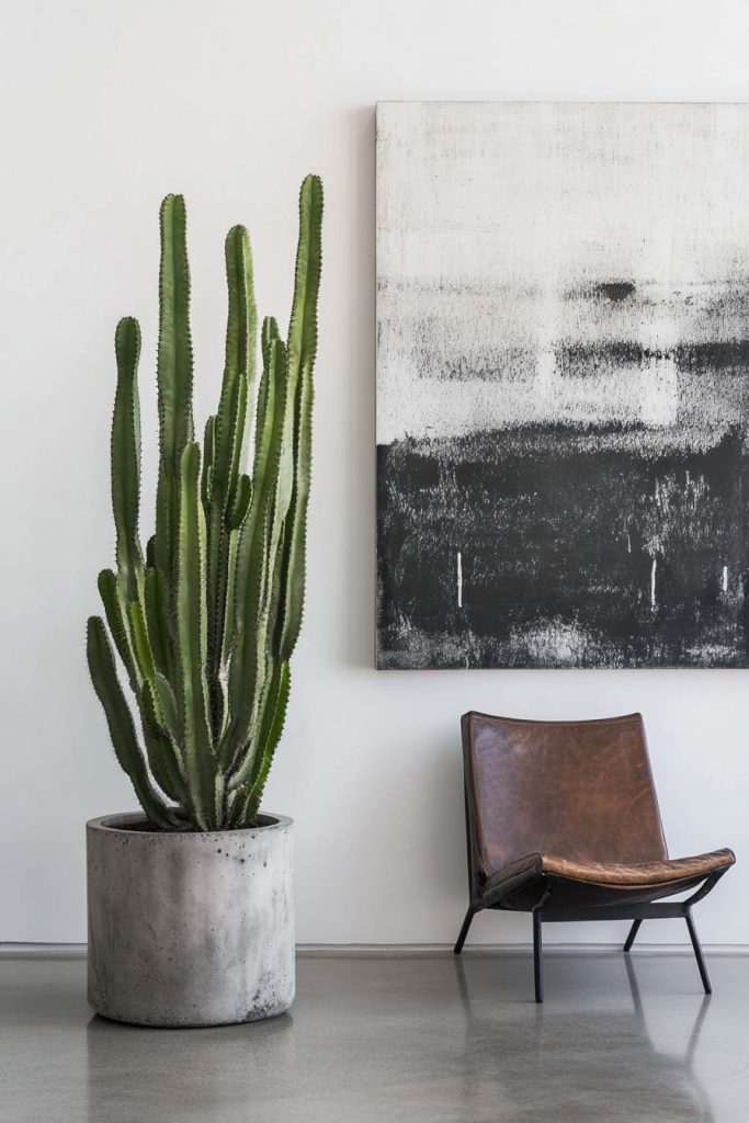 Cactus with Abstract Art Wall and Concrete Pot