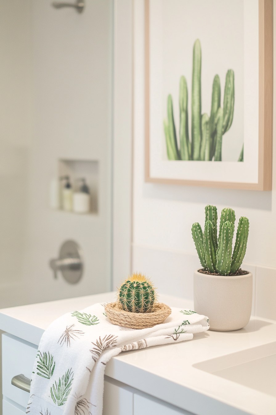 Cactus with Towels, Stones, and Bamboo Accessories