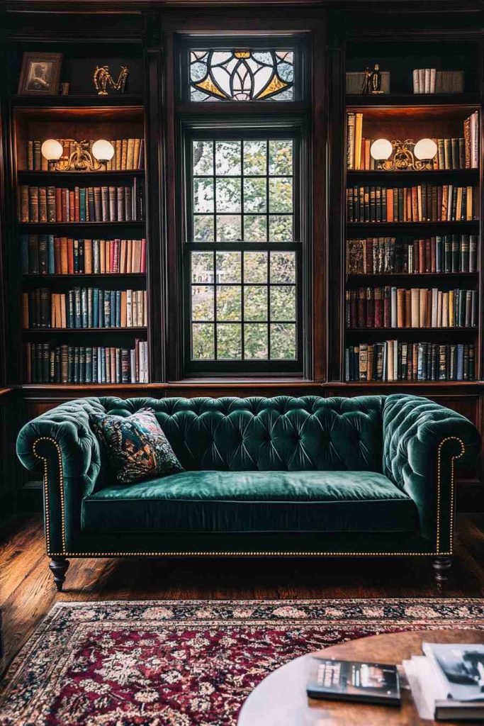 Chesterfield Velvet Sofa in a Traditional Library Setting