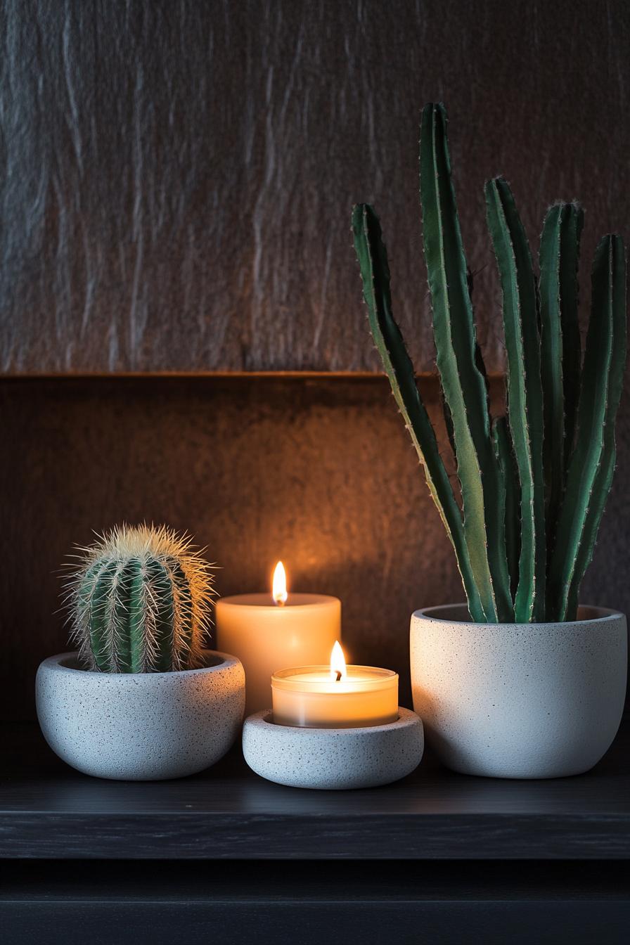 Diffuser and Cactus on Zen Shelf with Candles