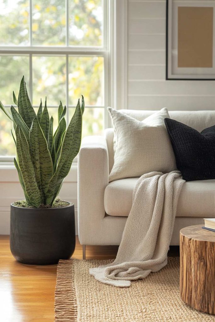 Earth-Tone Fabric Sofa in Sunlit Living Room Corner