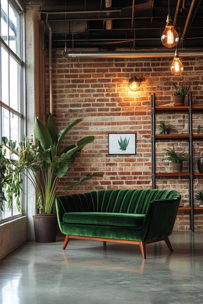 Emerald Mid-Century Velvet Sofa in a Modern Loft