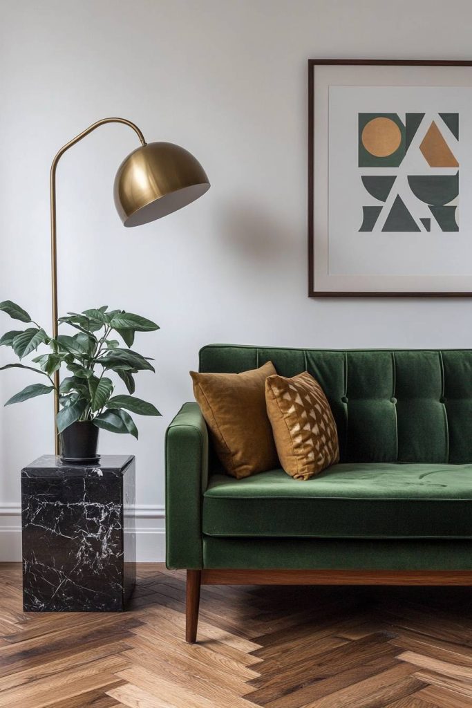 Emerald Velvet Sofa in Mid-Century Setting