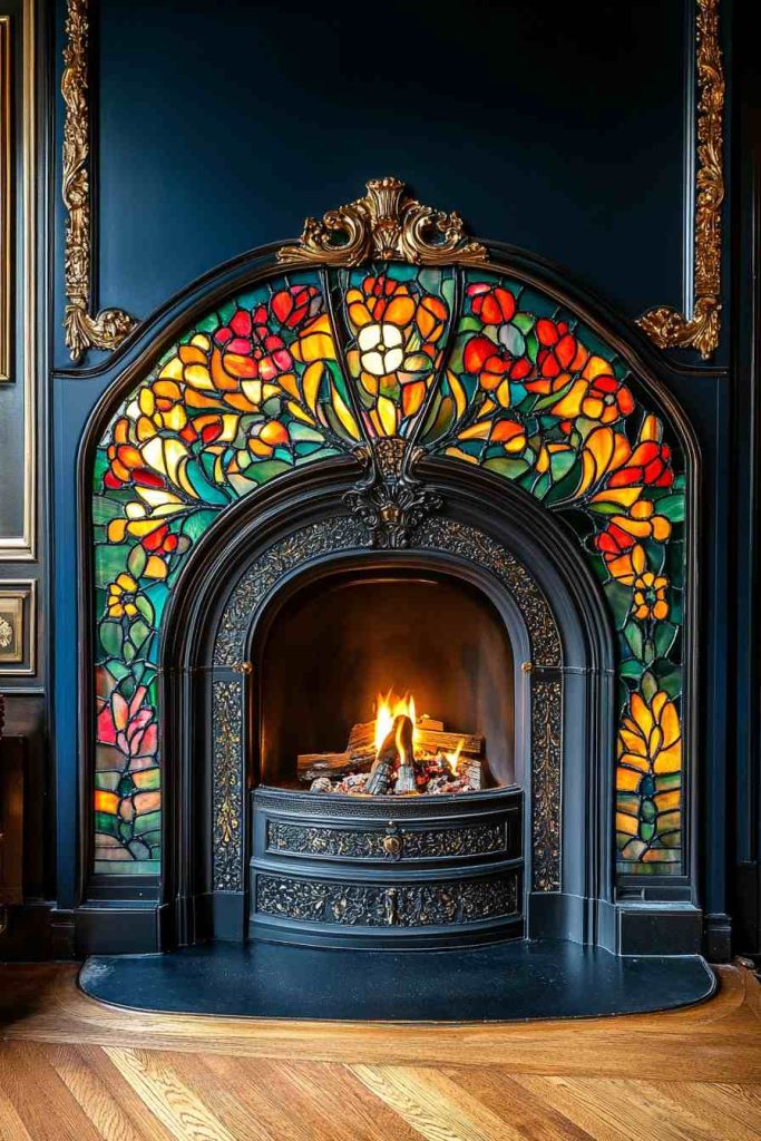 Fireplace with Stained Glass Screen