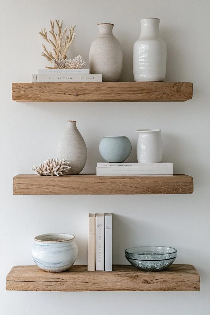 Floating Shelves with Shells, Vases, and Books