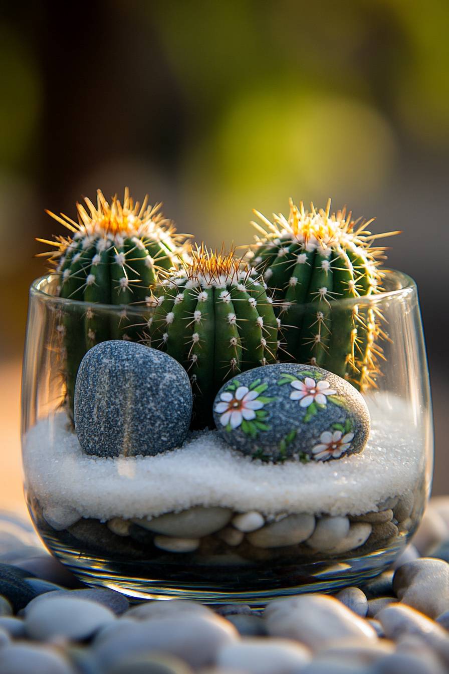 Glass Terrarium with Mini Cacti and Zen Rocks