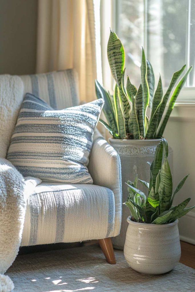 Greenery in Ceramic Pots Beside a Lounge Chair