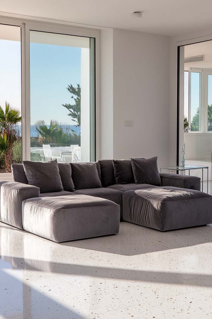 Grey Modular Velvet Sofa in a Modern Apartment