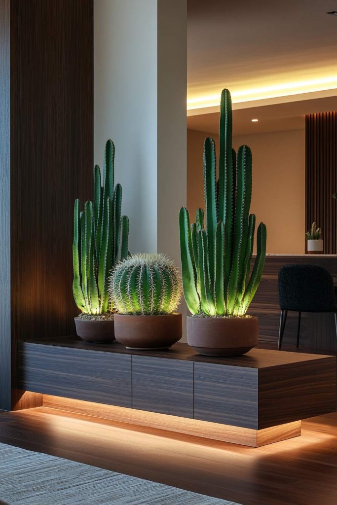 Grow Light Setup with Cacti in a Modern Living Room