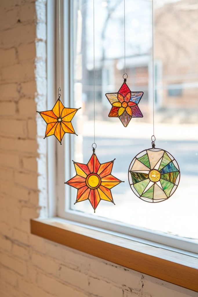 Hanging Glass Suncatchers by a Bay Window