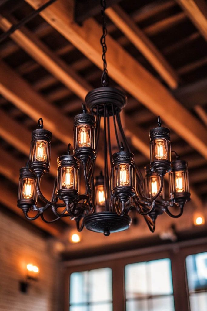 Iron Chandelier on Reclaimed Beams
